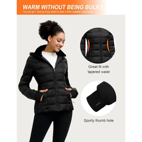 πWomen Black Down Puffer Jacket Warm Winter Coat Faux-Fur Collar Hooded Comfort - Picture 6 of 7